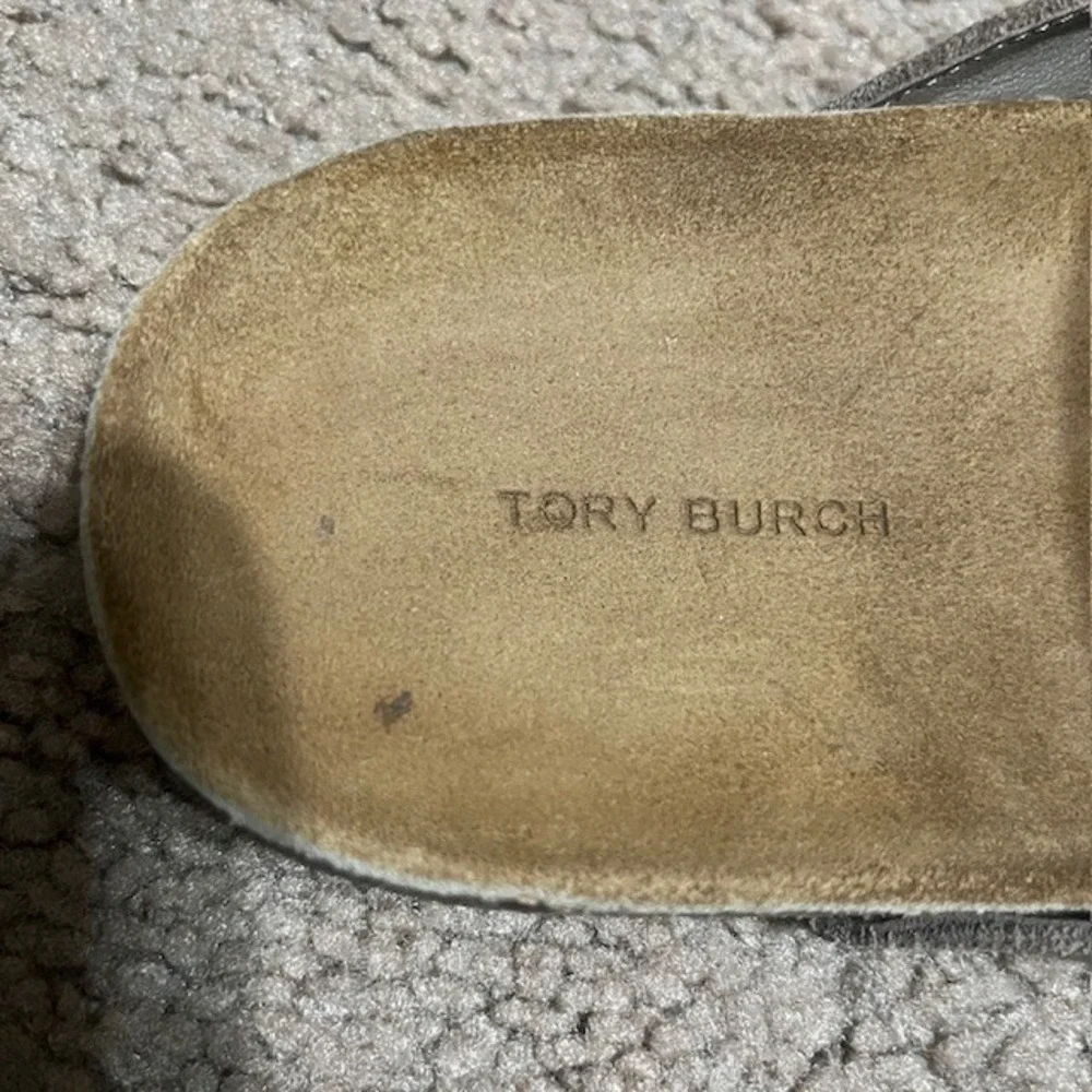 Tory Burch Mellow Mule Suede Gold Logo Buckle Taupe‎ Gray 10